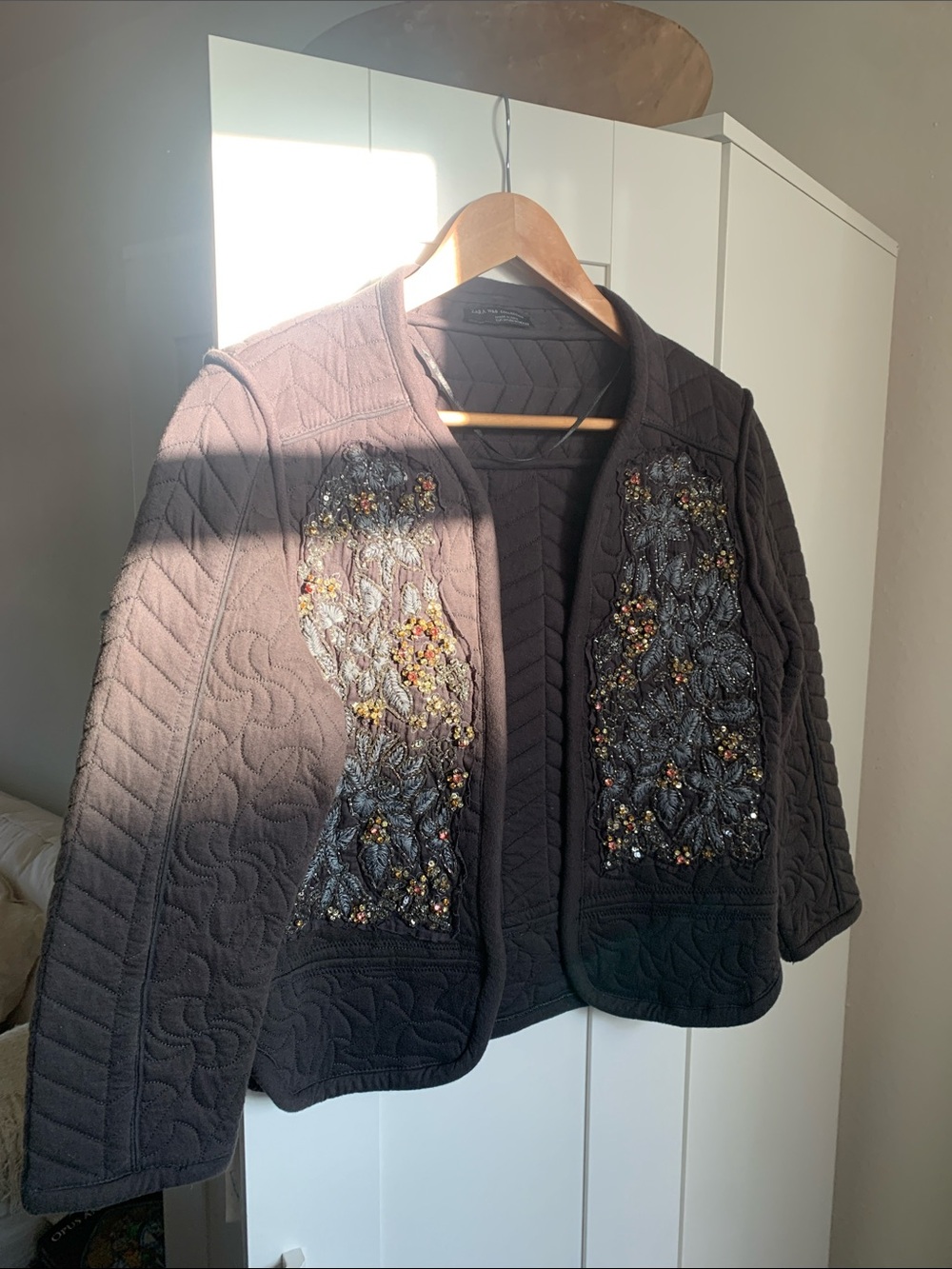 Quilted Embroidered Grey beaded Jacket with 3/4 sleeves